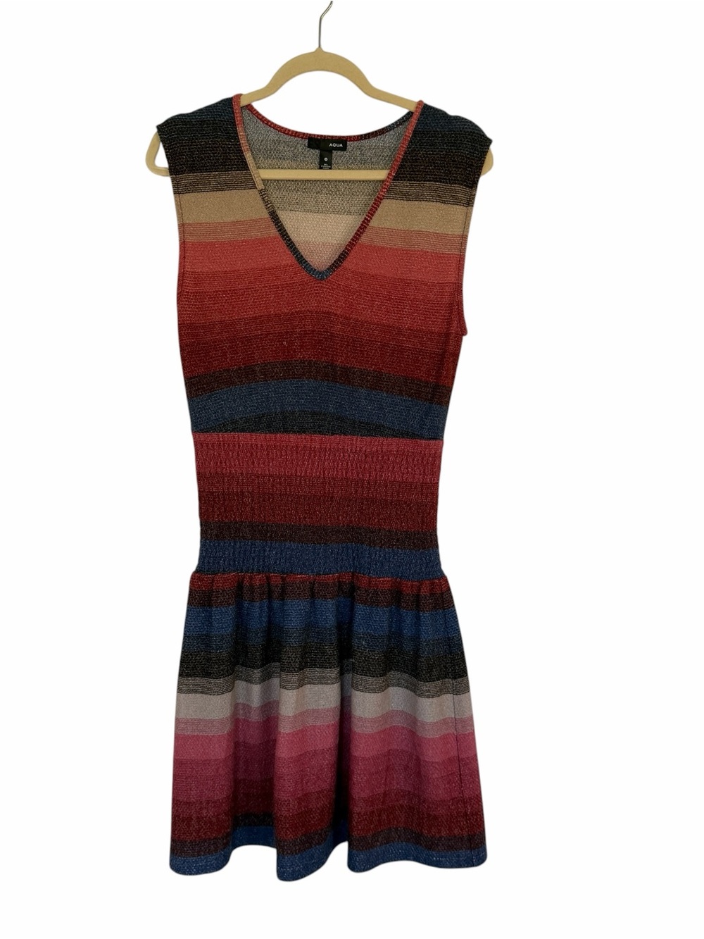 Aqua V-Neck Knit Drop Waist Mini Boho Chic Retro 1970's Dress Size M
